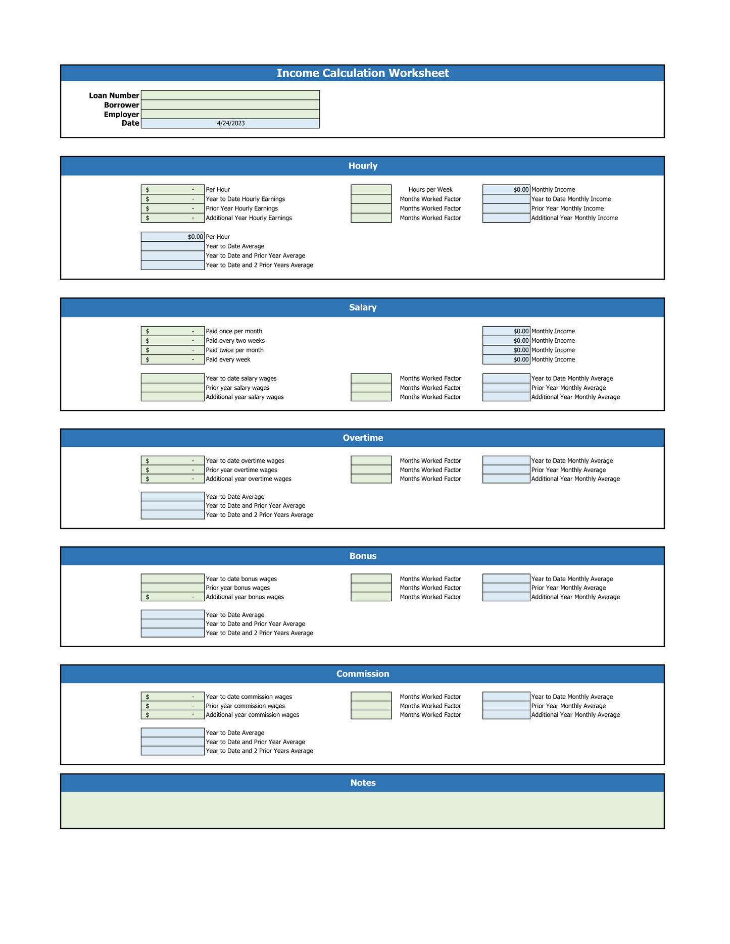 Income Calculation Worksheet